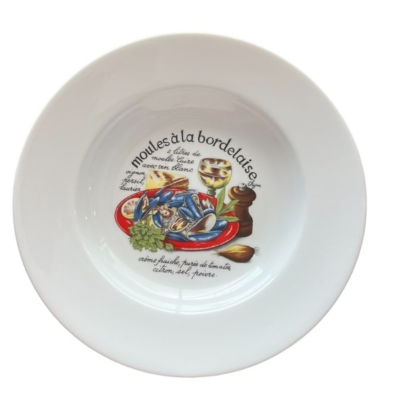Limoges France Rimmed Soup Bowls Mussels Graphic and Spellout Whimsical FOUR - Picture 6 of 8